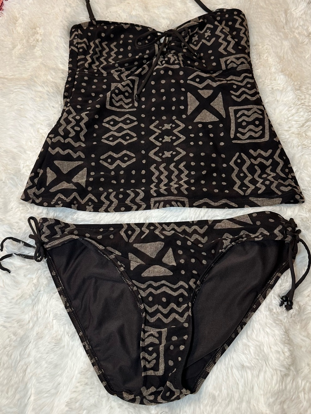 Ralph Lauren Tribal Print Tankini Swim Set Side Tie Brown Tan M Est - Picture 4 of 16